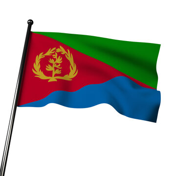 3D illustration of Eritrean flag waving on gray background. Features green, blue, and red triangles with a gold emblem
