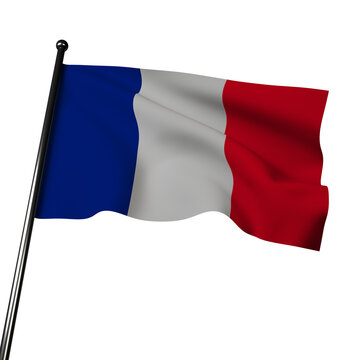 The French tricolor flag waves in the wind. Comprised of blue, white, and red vertical stripes, the French flag is a symbol of liberty, equality, and fraternity.