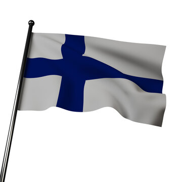3D Finland flag waves against a gray background. The white Nordic cross symbolizes the country's link to Scandinavia, and its blue background represents the country's numerous lakes. 