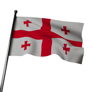 3D Georgia flag on gray background. Features five red crosses on white background, symbolizing Christianity. One cross is larger and represents the Georgian Orthodox Church