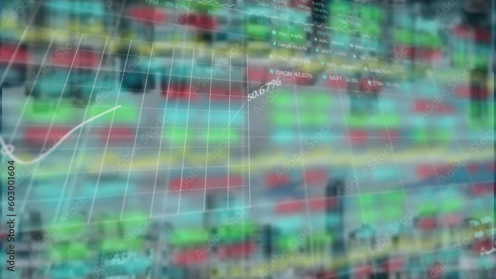 Poster animation of statistical and stock market data processing against aerial view of cityscape