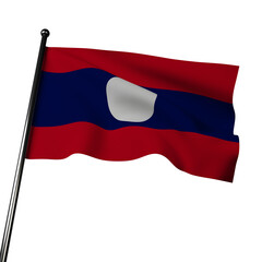 3D Laos flag waves on gray. Its vibrant design symbolizes valor and peace, with red stripes representing courage and a blue stripe signifying tranquility and wealth.