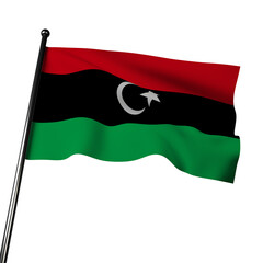 The Libyan flag flutters on a gray background in this 3D illustration. Its red, black, and green colors symbolize freedom, unity, and strength.