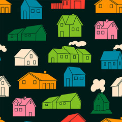 Various small tiny Houses. Paper cut cartoon minimal style. Flat design. Hand drawn Vector illustration. Building, sweet home, real estate concept. Square seamless Pattern, background, wallpaper