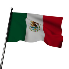 Mexico flag waving in the wind on a gray background. 3D illustration with green, white, and red stripes representing hope, purity, and unity. The emblem reflects Aztec heritage and independence.