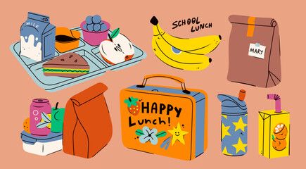 School lunch box, container, tray with meals, paper bag. Various food: sandwich, fruits, milk, juice, soda. Hand drawn Vector illustration. Isolated elements, design templates. Healthy food concept