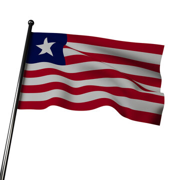 Liberia's 3D flag waves in the wind. The red, white, and blue colors represent valor, purity, and loyalty. The flag's design has horizontal stripes and a white star