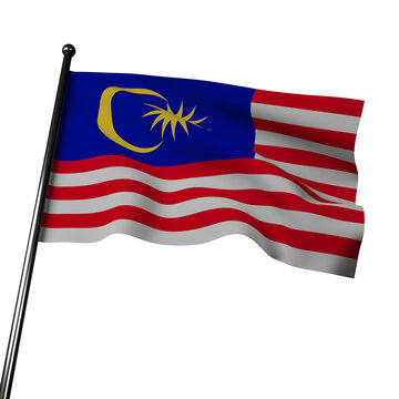 3D Malaysia flag fluttering against a gray backdrop.Vibrant design with red and white stripes symbolizing the country's 13 states and unity. 