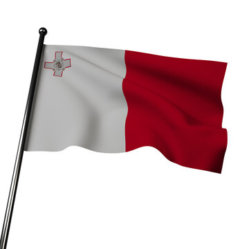 Malta flag waving in the wind on a gray background. 3D illustration featuring a white field with a red cross. The white represents purity and peace, while the red symbolizes bravery and determination.