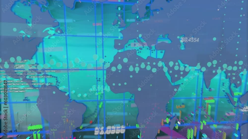 Poster Animation of financial data processing over world map against blue background