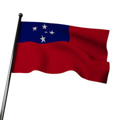 3D illustration of the Samoa flag waving proudly. The flag features a red field with a blue rectangle in the canton, adorned with five white stars representing the Southern Cross constellation.