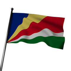 Obraz premium The Seychelles flag waves in this 3D illustration, isolated on a gray background. It features five oblique bands of blue, yellow, red, white, and green, representing the country's aspirations