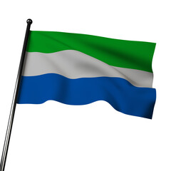 Obraz premium 3D illustration of the flag of Sierra Leone waving in the wind, isolated on grey. Three horizontal stripes of green, white and blue with a green and white horizontal triangle on the left side.