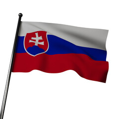  3D illustration of Slovakia's flag waving on a gray background. The flag consists of three horizontal stripes - white, blue, and red. 