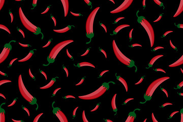 Fototapeta premium Seamless pattern with Chilli Peppers. Red Hot Chilli Peppers endless ornament. Wallpaper and bed linen print. Paprika background. Cayenne backdrop. Vector illustration. 