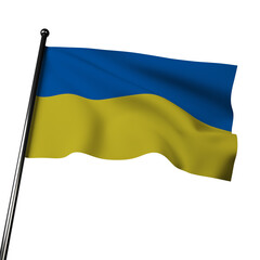 The flag of Ukraine waves proudly in 3D, against a gray background. It features two horizontal bands of blue and yellow, symbolizing the sky and fields of wheat.