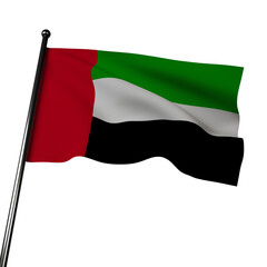 The flag of the United Arab Emirates gracefully flutters in the wind in this 3D illustration, against a gray background. 