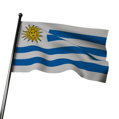 The flag of Uruguay waves proudly in 3D, against a gray background. It features horizontal stripes of white, sun, and white, with a golden sun emblem in the center. 