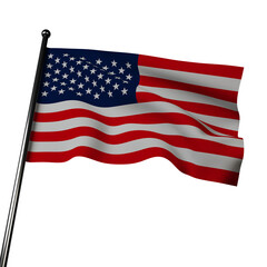 The American flag waves in 3D on gray. It has alternating red and white stripes, for valor and purity, with a blue field in the corner, representing loyalty and justice. 