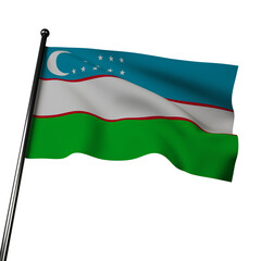 The flag of Uzbekistan flutters in the wind in this 3D illustration. It has horizontal blue, white, and green stripes, with a red crescent and star in the top left corner.