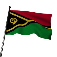 The flag of Vanuatu proudly flies in 3D against a gray background. It features horizontal bands of red, green, and black, with a yellow Y shape in the center. 
