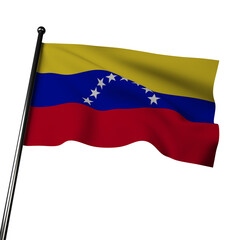 The flag of Venezuela proudly waves in 3D, against a gray background. It features horizontal bands of yellow, blue, and red, with an arc of eight white stars in the blue band. 