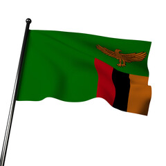 3D illustration of Zambia's flag waving against a gray background. The flag features a green field with an orange eagle in flight and a vertical band of red on the hoist side. 