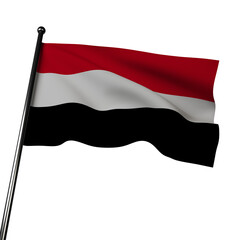 3D illustration of Yemen's flag waving against a gray background. The flag features three horizontal stripes of red, white, and black with a red triangle on the left side. 