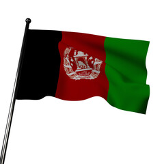3D rendering of Afghanistan's flag with fabric that waves in the wind. On a gray backdrop, the green, black and red stripes and white emblem stand out clearly.