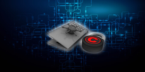 3d illustration copyright symbol concept with locker
