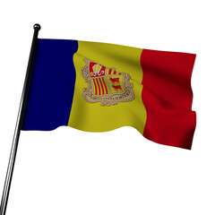 3D rendering of the Andorran flag, featuring realistic fabric that appears to wave in the wind. 