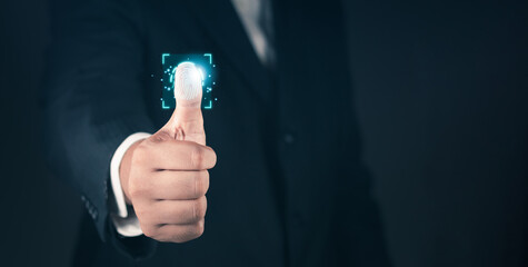 Users online security check system. Businessman showing Thumbs up with virtual fingerprint to scan biometric identity and access password fingerprints for technology security system and prevent hacker