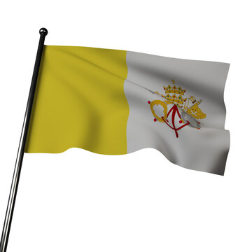 The flag of the Vatican City proudly flies in 3D against a gray background. It consists of two vertical bands of gold and white, with the Vatican coat of arms in the center.