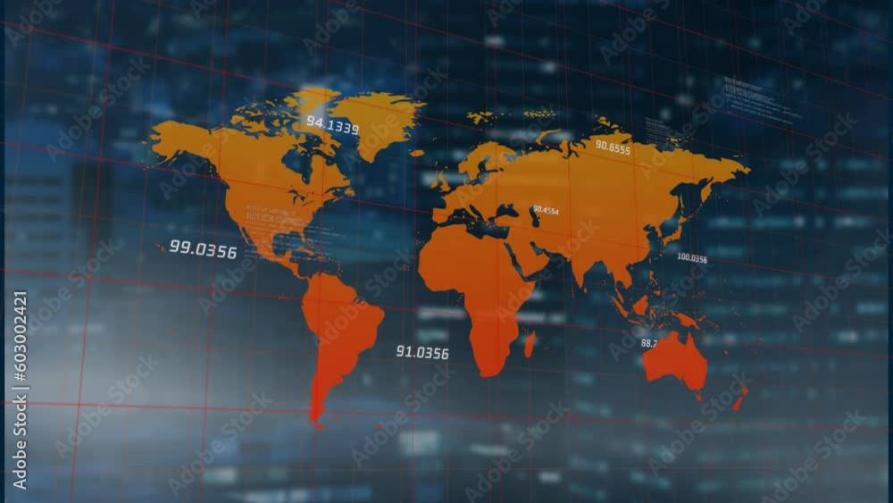 Poster animation of data processing over world map against aerial view of cityscape