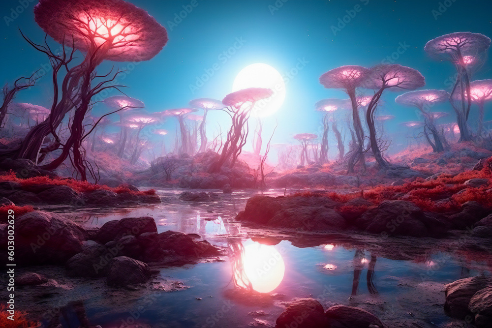 Poster fabulous strange landscape on an alien planet. created with generative ai technology.