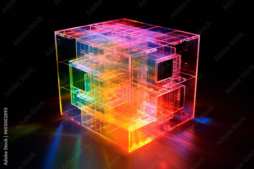 Aufkleber fantasy multi colored holographic technology cube. created with generative ai technology.