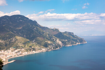 Panoramic view of Amalfi sea coast in Italy. Mediterranean coastal landscape