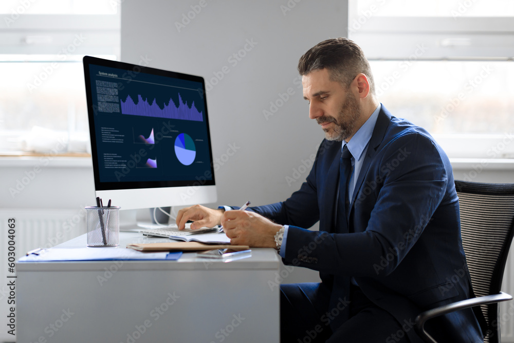 Poster middle aged businessman working on computer, sitting in front of monitor with online trading statist