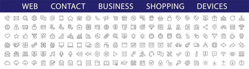 Naklejka na ściany i meble Web icons set. Business, Finance, Contact, Devices, Basic, Shopping, Web icon collection. Vector