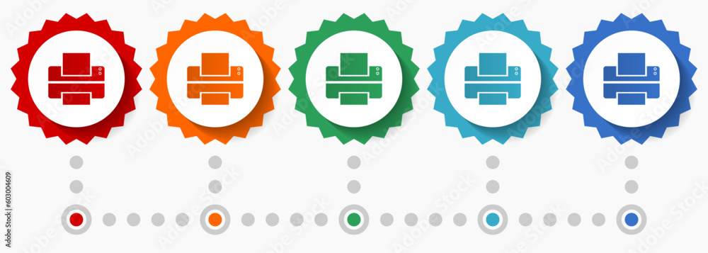 Poster printer, print vector icon set, colorful infographic template, set of flat design badge icons in 5 c
