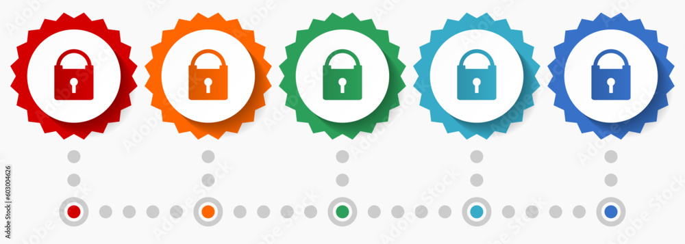 Poster padlock, security vector icon set, colorful infographic template, set of flat design badge icons in 
