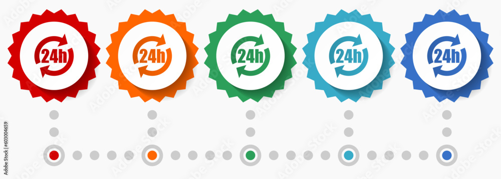 Poster 24h vector icon set, colorful infographic template, set of flat design badge icons in 5 color option