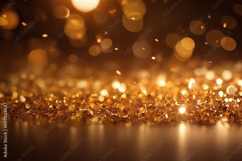 Poster a background filled with shiny golden glitter particles and bokeh lights, creating a luxurious and f
