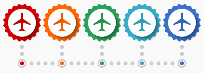 Plane, flight, airplane vector icon set, colorful infographic template, set of flat design badge icons in 5 color options