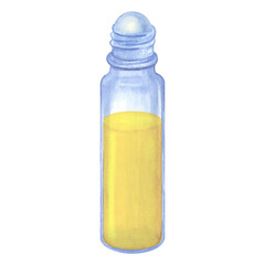 Yellow essential oil. Lemon. Blue glass bottle. Hand drawn watercolor illustration isolated on white background. For cosmetics packaging, beauty magazines, logo