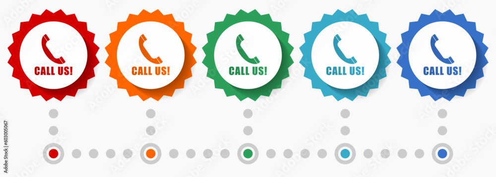 Poster call us vector icon set, colorful infographic template, set of flat design badge icons in 5 color op