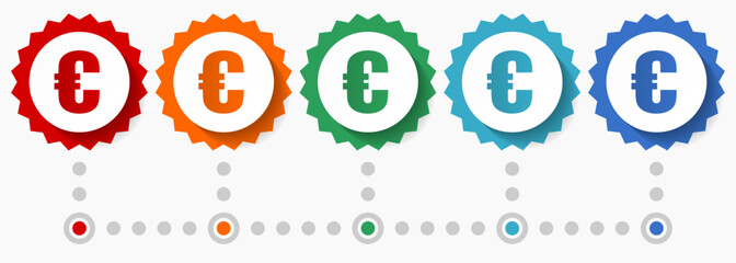 Euro vector icon set, colorful infographic template, set of flat design badge icons in 5 color options