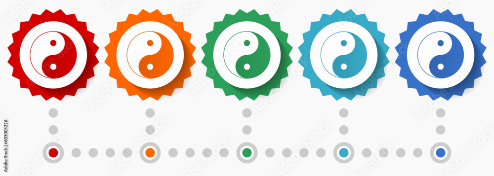 Poster Ying yang vector icon set, colorful infographic template, set of flat design badge icons in 5 color options