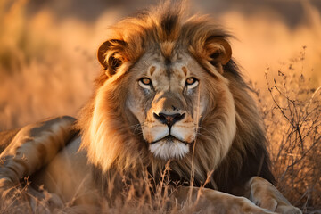  lion in the savannah, displaying its regal mane and intense gaze ai generated art