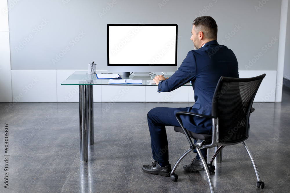 Poster rear back view of businessman in suit looking at pc computer with blank screen for mock up, sitting 